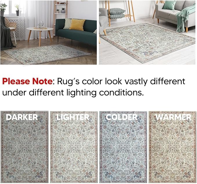 Keen Home Design 8x10 Rug - Machine Washable Area Rug with Non-Slip Backing, Ideal for Living Room, Dining Room, Bedroom - Vintage, Easy Clean, Durable, Low Pile Rug - (8' x 10')
