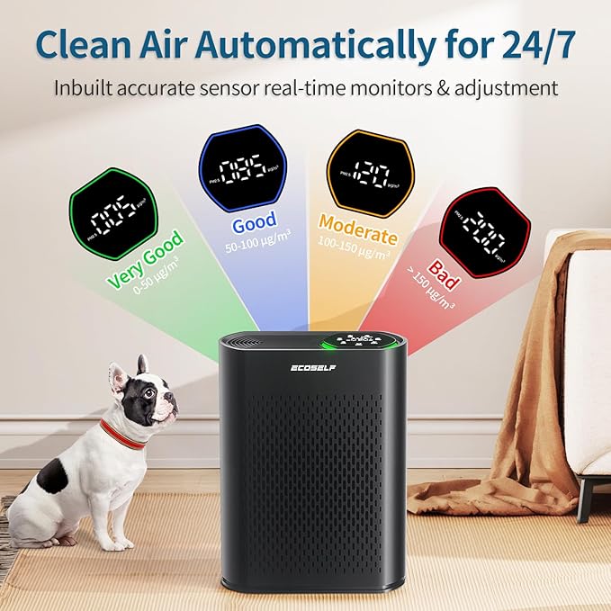 Powerful Air Purifiers for Home Large Room Up to 2400 Ft², ECOSELF HEPA Air Purifier with PM 2.5 Air Quality Display 20dB Sleep Mode, Air Purifiers for Bedroom Office Living Room HAP602 Black
