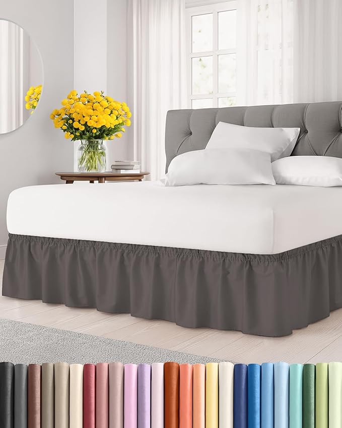 Wrap Around Dust Ruffle Bed Skirt - Dark Grey - for King Size Beds with 15 Inch Drop - Elastic Strap - Adjustable Pleated Bedskirt with Brushed Fabric and Wrinkle Free - for Women, Men, Kids & Teens