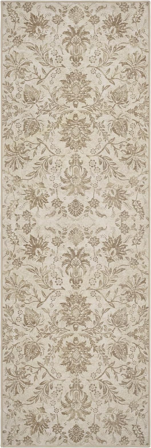 jinchan Torino Runner Rugs 2x5 - Vintage-Inspired Floral Neutral Design Machine Washable Non-Slip Ultra-Thin Low-Pile Rubber Backing Runner Rug for Kitchen Hallway Laundry Room Entryway Taupe
