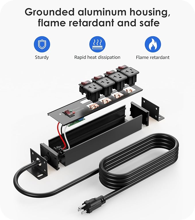 CCCEI Heavy Duty Surge Protector Power Strip 20 Amp Individual Switches. 20FT 12 Gauge Extension Cord with Multiple Outlets. Kitchen, Garage, Shop, Industrial Wall Mount Electric Extender, Black.