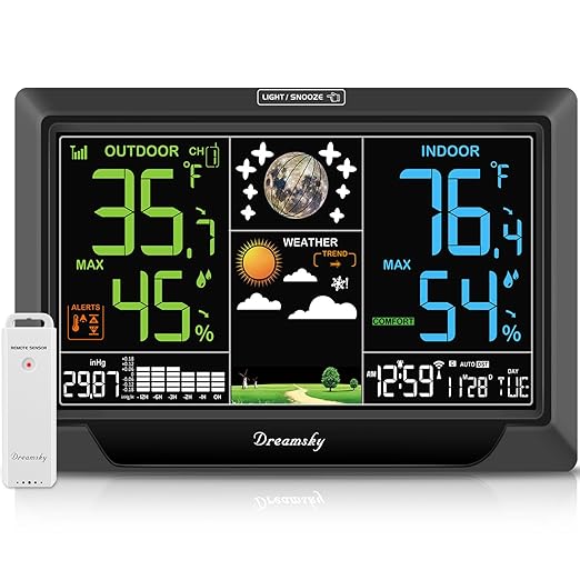 DreamSky Weather Station Indoor Outdoor Thermometer Wireless, Atomic Clock with Indoor Outdoor Temp, Date Day, Adjustable Backlight, Inside Outside Temperature Humidity Monitor for Home