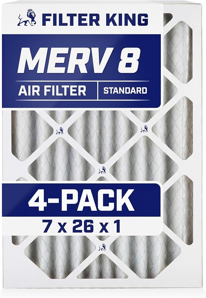 Filter King 7x26x1 Air Filter | 4-PACK | MERV 8 HVAC Pleated A/C Furnace Filters | MADE IN USA | Actual Size: 7 x 26 x .75"