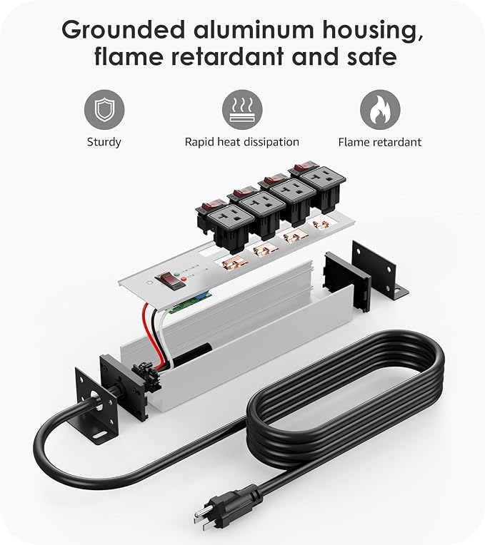 CCCEI Heavy Duty Surge Protector Power Strip 20 Amp Individual Switches. 10FT 12 Gauge Extension Cord with Multiple Outlets. Kitchen, Garage, Shop, Industrial Wall Mount Electric Extender, Grey.