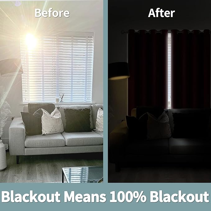 BGment Thermal Insulated 100% Blackout Curtains for Bedroom with Black Liner, Double Layer Full Room Darkening Noise Reducing Grommet Curtain (52 x 84 Inch, Burgundy Red, 2 Panels)
