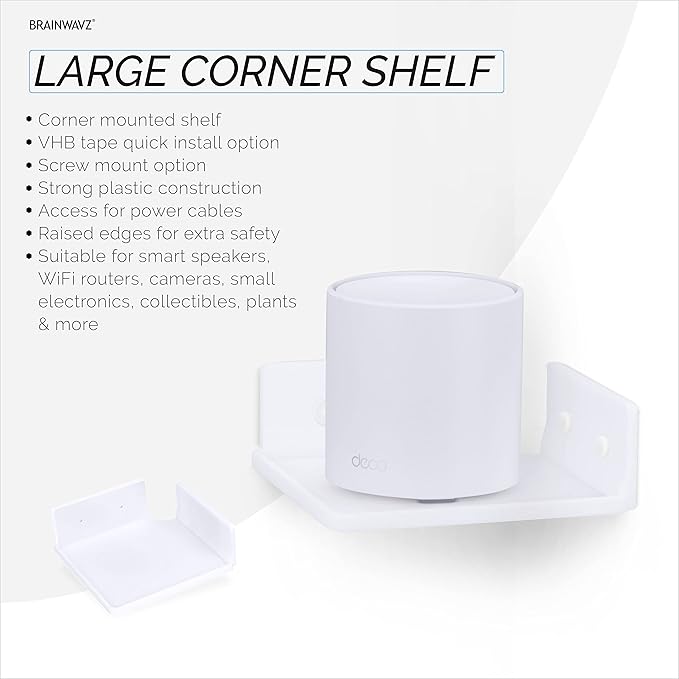 BRAINWAVZ 6.5" Corner Shelf Mount for Speakers, Cameras, Baby Monitors, Plants, Books Electronics, Collectibles & More, Adhesive & Screw in Floating Shelves (White)
