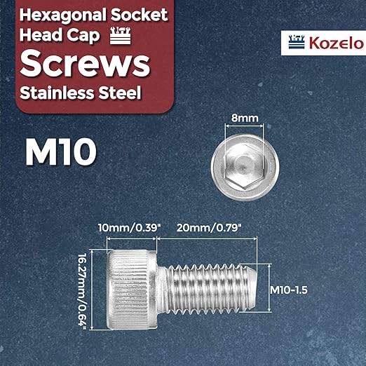 Kozelo 15pcs Socket Head Cap Screws - [M10-1.5 x 20mm] 304 Stainless Steel Allen Socket Drive for Electrical Motor 3D Printing Fan Engine Replacement Use, Silver