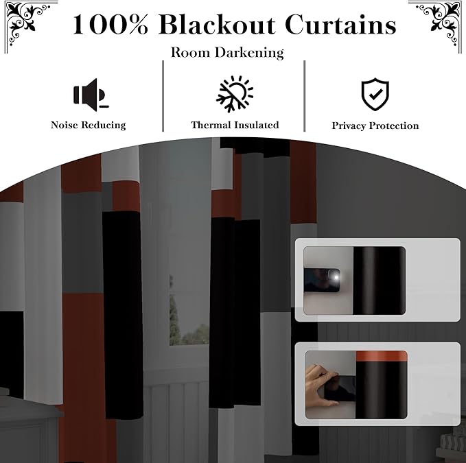 Burnt Orange 100% Blackout Curtains for Bedroom 63 inch Length 2 Panels Set Rust Modern Abstract Geometric Black Out Curtains Insulated Room Darkening Window Drapes for Living Room, 52Wx63L