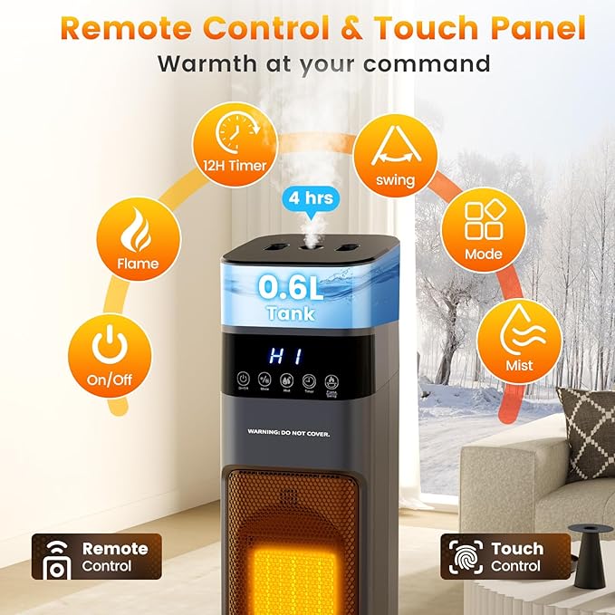 Auertech 31" Space Heater with Humidifier, 3 in 1 Electric Space Heater with 3D Flame, Oscillating Room Heaters with 3 Heating Modes, 12H Timer, Space Heaters for Indoor Use Large Room, Bedroom