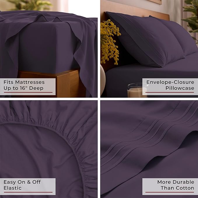 Mellanni California King Sheet Set - 6-Piece Iconic Collection Bedding, (Including 4 Pillowcases), 16-Inch Deep Pocket, Easy Care, Extra Soft, Cooling Sheets, Brushed Microfiber - Purple