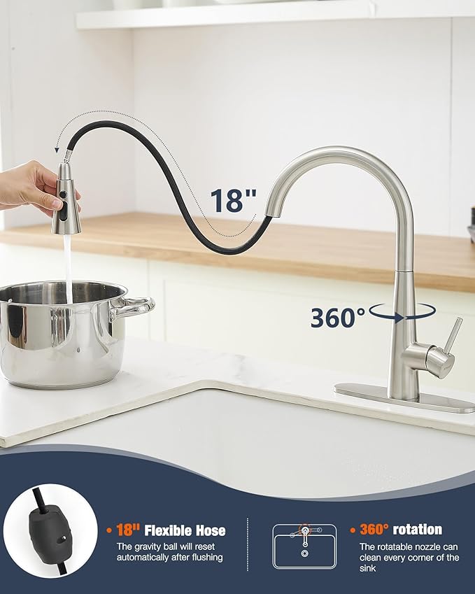 AIMADI Kitchen Faucet with Pull Down Sprayer – High Arc 360° Swivel Brushed Nickel Stainless Steel Kitchen Sink Faucet, 3-Mode Spray Head, Suitable for Farmhouse Modern Laundry Rv Bar