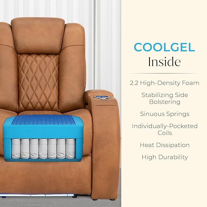 Seatcraft Diamante Zero-Gravity CoolZero Italian Leather Home Theater Seating, Power Headrest, Power Recline, Row of 2 Loveseat, Tawny