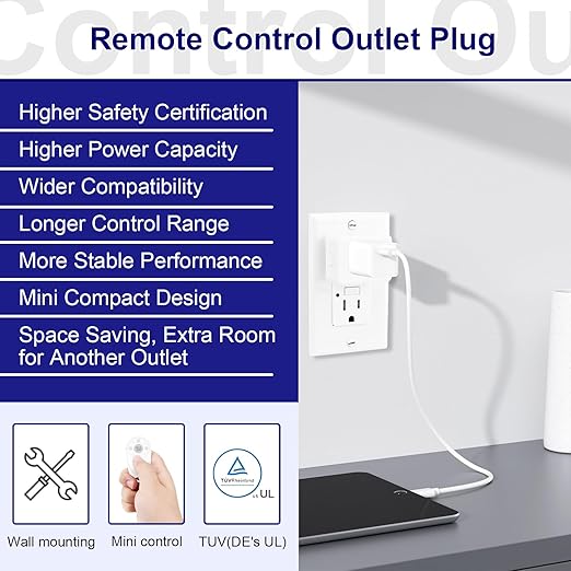 Greencycle Remote Control Outlet,2 Wireless Light Switches and 2 Outlet Plugs,Remote Outlets Switch,No Wiring Needed,500ft Range Coverage,15A/1500W for Lamps,Fans,TV,FCC Certified, White