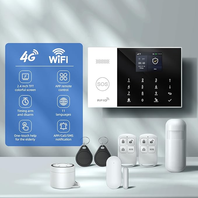 LWOHSI Wireless Home Alarm System,24 Pieces DIY 4G/WiFi Home Security Systems,Phone APP Alert,Door/Window Sensors,Motion Detectors,Remote,Work with Google for Home,Apartment,No Contract Fee
