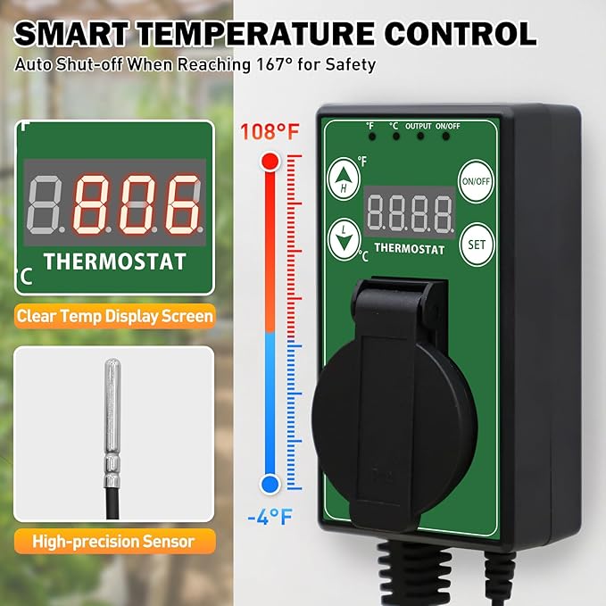 COOS BAY Digital Thermostat Controller -4 to 108°F, Temperature Control for Greenhouse Heater, Heat Mat, Grow Tent, Garage, Reptile Enclosure, Homebrew, Seedling, 15A/1500W, Green, 1 Pack