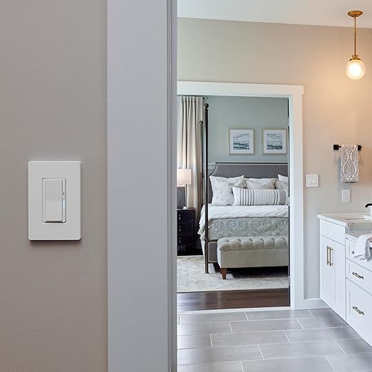 Lutron Diva Smart Dimmer Light Switch with Wallplate for Caseta Lighting (Lutron Smart Hub Required), for LED Lights, 150W, Single-Pole/3-Way, No Neutral, White (DVRFW-6L-WH-A)