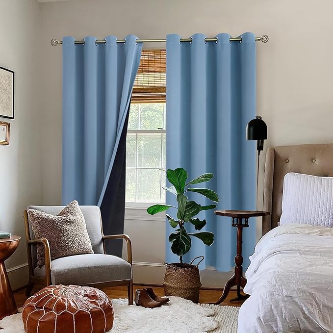 BGment Thermal Insulated 100% Blackout Curtains for Bedroom with Black Liner, Double Layer Full Room Darkening Noise Reducing Grommet Curtain (52 x 84 Inch, Denim Blue, 2 Panels)