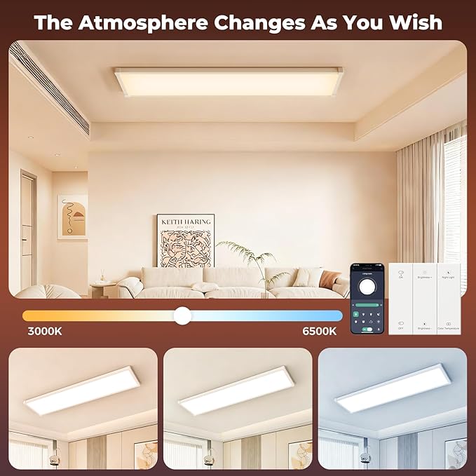 AIKVSXER 18 Pack 1x4 FT LED Flat Panel Light Surface Mount, with Wireless Switch & App Control, Night Mode, 50W 5500LM, 3000K/4000K/6500K, Ultra-Thin LED Light for Office Home,120-277V - White