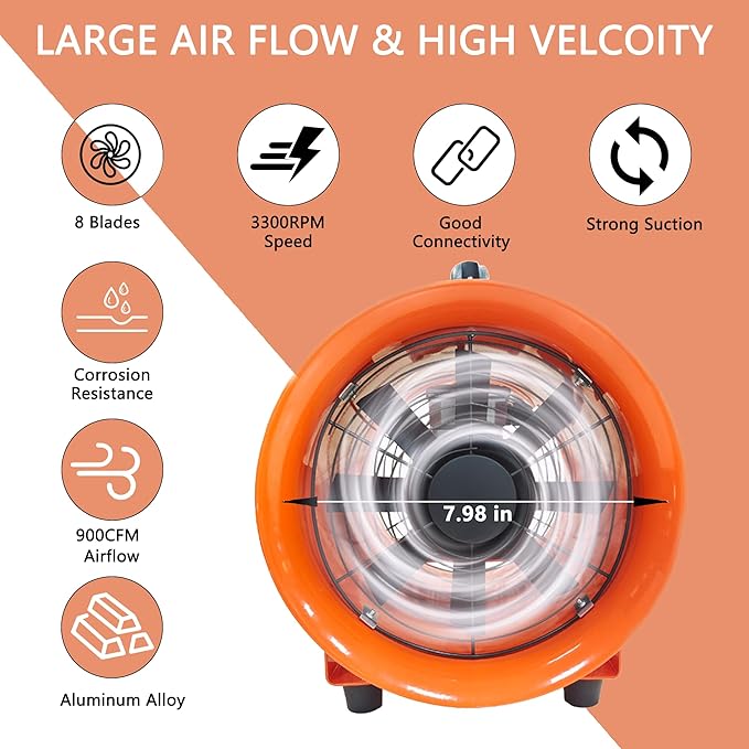 FICBXRA Utility Blower Fan 8 Inch Portable Axial Exhaust Fan 230W/2A 900CFM High Velocity Ventilator with 16FT Duct Hose for Exhausting & Ventilating at Home and Job Site