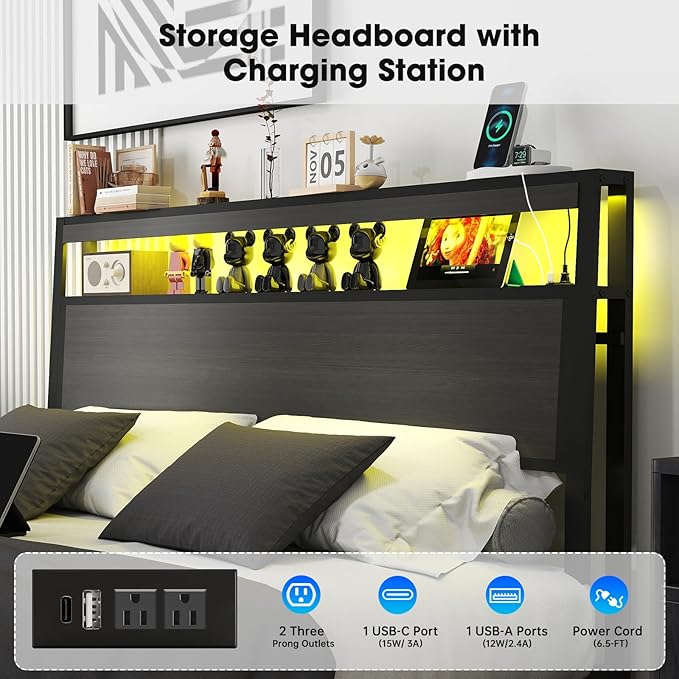 Queen Bed Frame with Storage Headboard and 4 Drawers, Metal Platform Bed Frame with LED Light, Charging Station, No Box Spring Needed, Noise Free, Easy Assembly,Charcoal Grey