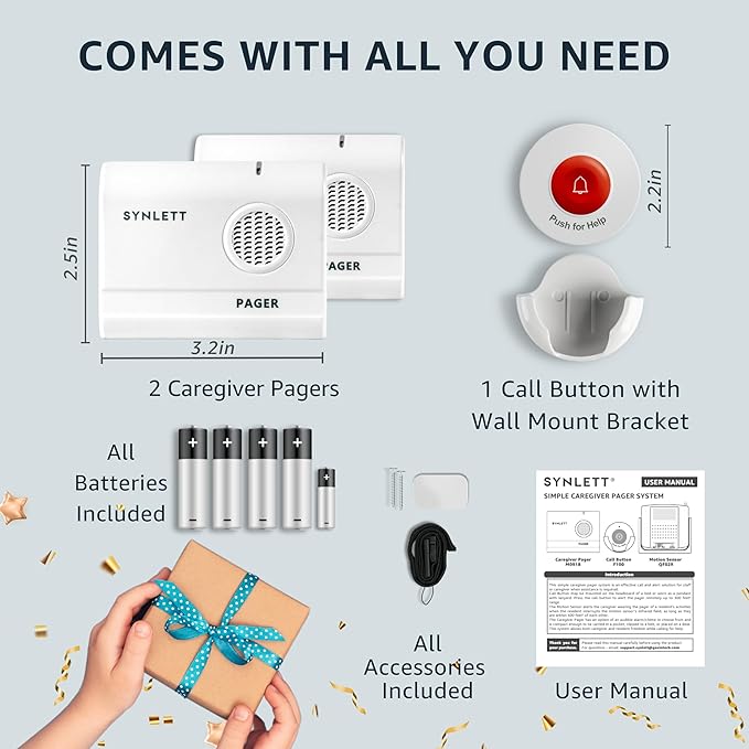 SYNLETT 2 Caregiver Pagers with 1 Call Button SOS Alert System for Elderly Seniors Patients Home Care Nurse Call Bed Alarm Emergency Monitoring