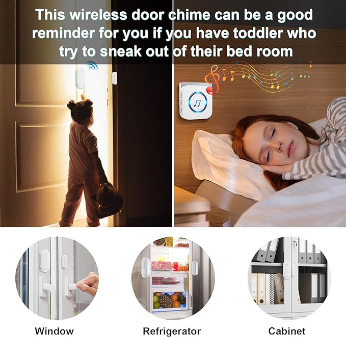 SanJie Door Chime, Door Open Contact Sensor Alarm with 500 FT Range,26 Chimes 5 Adjustable Volume for Business/Store/Home/Office When Entering 2 Receivers +1 Sensors