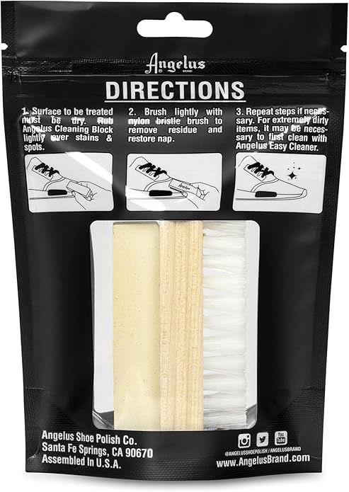 Angelus Suede & Nubuck Cleaner Kit - 1 Cleaning Eraser Block and 1 Nylon Bristle Brush - Eliminates Stains, Removes Spots, Restores Nap - for Leather Suede Shoe, Handbags, Jackets, Boots, Furniture