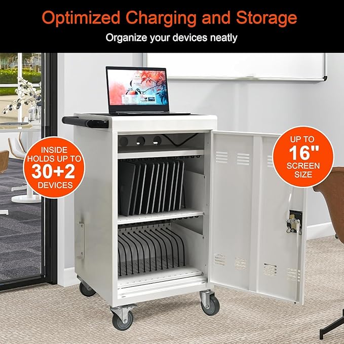 Aokleo 32 Devices Laptop Charging Cart, Tablet Storage Carts for Pad Up to 16.3" Screen Size, Classroom Computer Mobile Charging Station for Pads,Chromebooks,Laptops,Security Storage (White)
