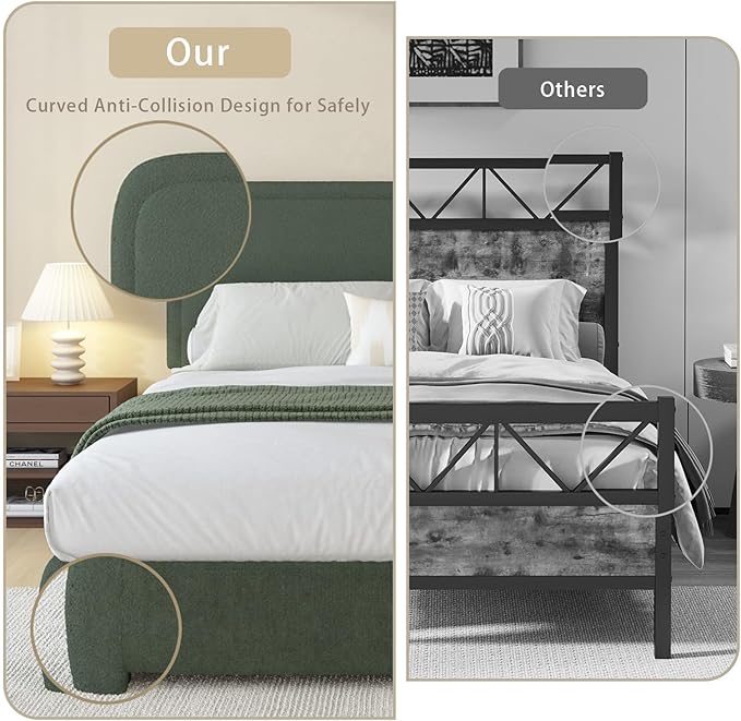 BarnFurin King Size Boucle Bed Frame and Headboard, Cloud Upholstered Platform Bed Frame, Soft Rounded Corners, Modern Style, No Box Spring Required, Easy Assembly, Green