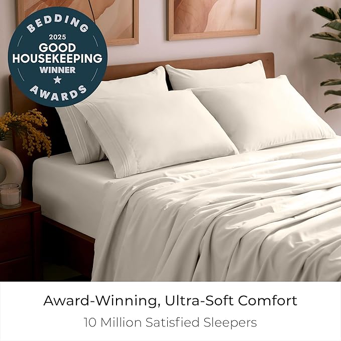 Mellanni California King Sheet Set - 6-Piece Iconic Collection Bedding, (Including 4 Pillowcases), 21-Inch Extra Deep Pocket, Easy Care, Ultra Soft, Cooling Sheets, Brushed Microfiber - Golden Ivory