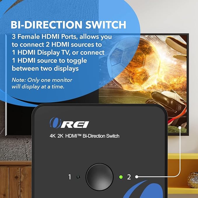 OREI HDMI Switch 4K HDMI Splitter - 2x1 Bi Directional - 4:4:4 8-bit - HDMI 2.0, HDCP 2.2, 18 Gbps, 4K @ 60Hz HDMI UltaHD High Resolution Switch Between 2 Inputs or Toggle Displays (UHDS-212)