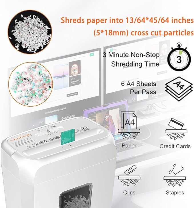 Bonsaii Low Noise Operation Paper Shredder, 6-Sheet Cross-Cut, Credit Card Shredder, Home Office, Handle for Document, Mail, Staple, 3.4 Gal Wastebasket, Easy-Carry Handle, White