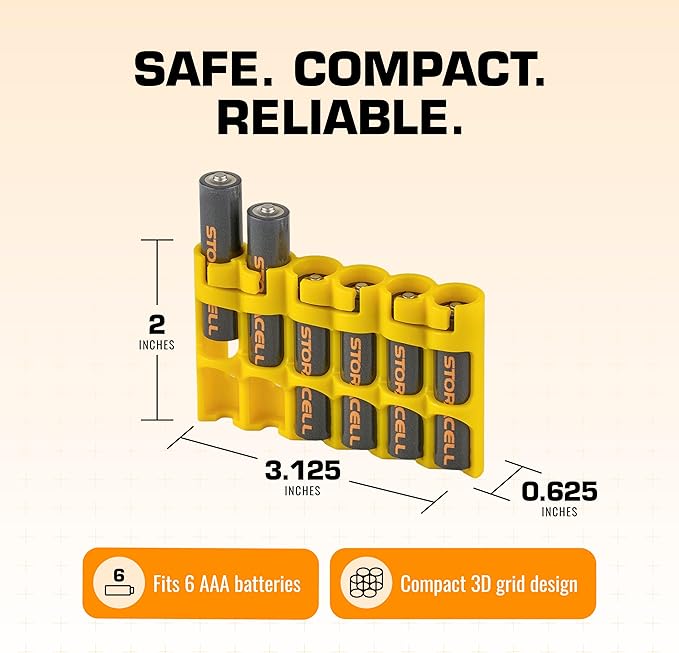 Storacell Slimline AAA-6 Battery Storage Caddy and Dispenser (Pack of 2), Yellow, Holds 6 AAA Batteries, (Not Included), Durable & Compact Design, The Original Battery Caddy, Made in The USA