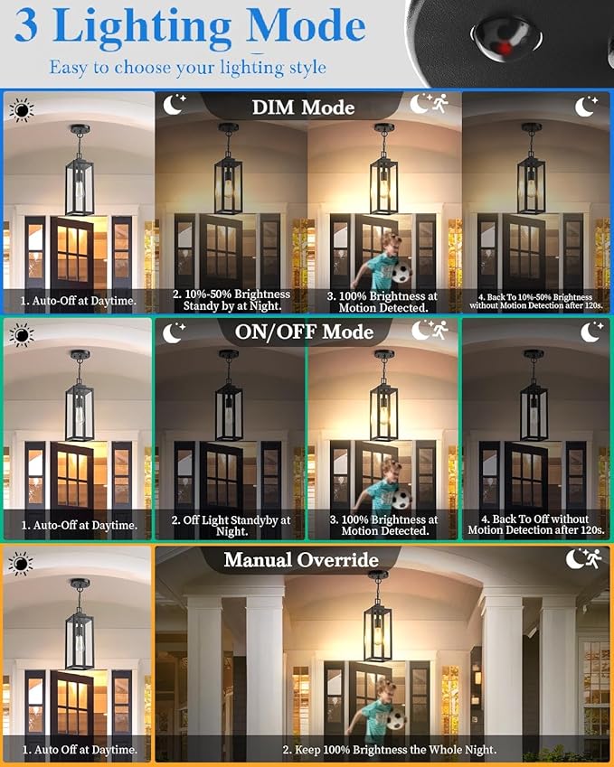 MYHXQ 15'' Large Motion Sensor Outdoor Pendant Lights, Dusk to Dawn Modern Outside Chandelier Outdoor Hanging Lantern with Clear Glass, Exterior Pendant Lighting Fixture for Porch, Yard, Black, 1Pack