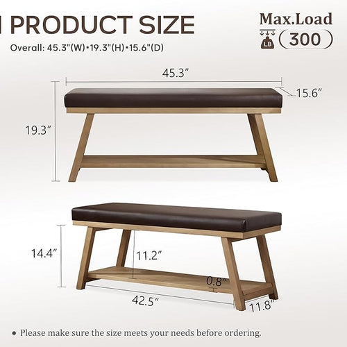 45" Entryway Bench Upholstered Storage Bench for Bedroom Shoe Rack Bench for Living Room, Hallway, Mudroom, Balcony, Sturdy Indoor Bench Seat Holds Up to 300 lbs (PU-Brown)