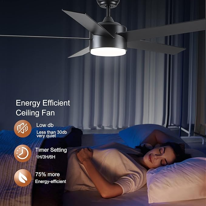 POCHFAN 52 inch Black Ceiling Fans with Lights and Remote Control, Noiseless Modern Ceiling Fan for Bedroom, Living Room, Dining Room, Dimmable 3CCT 6-Speed ETL Listed