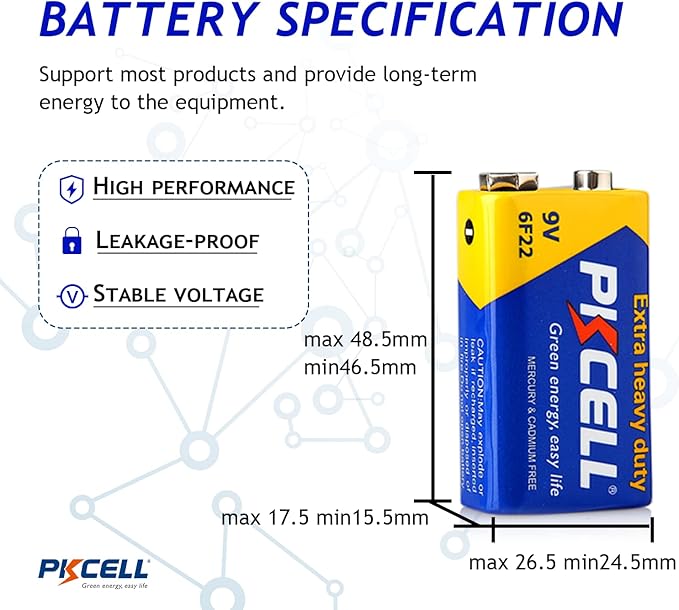 PKCELL 9V Batteries, 4 Pack 9 Volt Batteries Carbon Zinc, 9V Battery for Smoke Detector, Alarms, 6F22 Square Battery