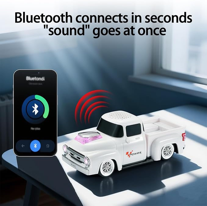 WSTER WS-538 Retro Pickup Truck Bluetooth Replica Speaker – Portable Wireless Car Model Speaker with FM, TWS, LED Party Lights, USB/TF Playback, Built-in Microphone, Type-C, Surprise Gift(White)