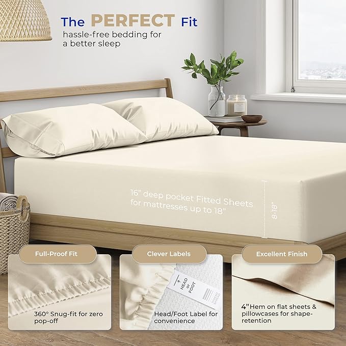 THREAD SPREAD 2-Pack King Size Sheets Set - 400 Thread Count 100% Cotton Sateen Weave - Extra Soft, Breathable, Hotel Quality Cooling Sheets, 2 Sets of King Size Deep Pocket Bed Sheets (Ivory)