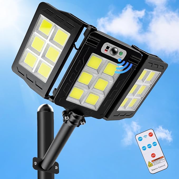 JWT Solar Street Lights Outdoor Waterproof - Solar Powered Parking Lot Light Dusk to Dawn 7000LM, 3-Head Folding Motion Sensor Commercial LED Solar Flood Lights Waterproof Remote Control for Outside