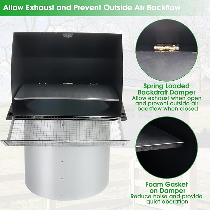 7Inch Wall Vent with Screen and Damper,Galvanized Steel Hooded Wall Vent Cover Cap Exhaust Vent Cover Outside,Exterior Vent Hood Outdoor for Kitchen Range Hood Laundry Dryer Bathroom Fan Duct Air Vent