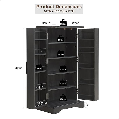 ACCOHOHO 47" Kitchen Pantry, Farmhouse Storage Cabinet with Barn Doors, Organizer and Adjustable Shelves, Rustic Wood Cupboard for Kitchen, Dining Room, Bathroom and Hallway, Black
