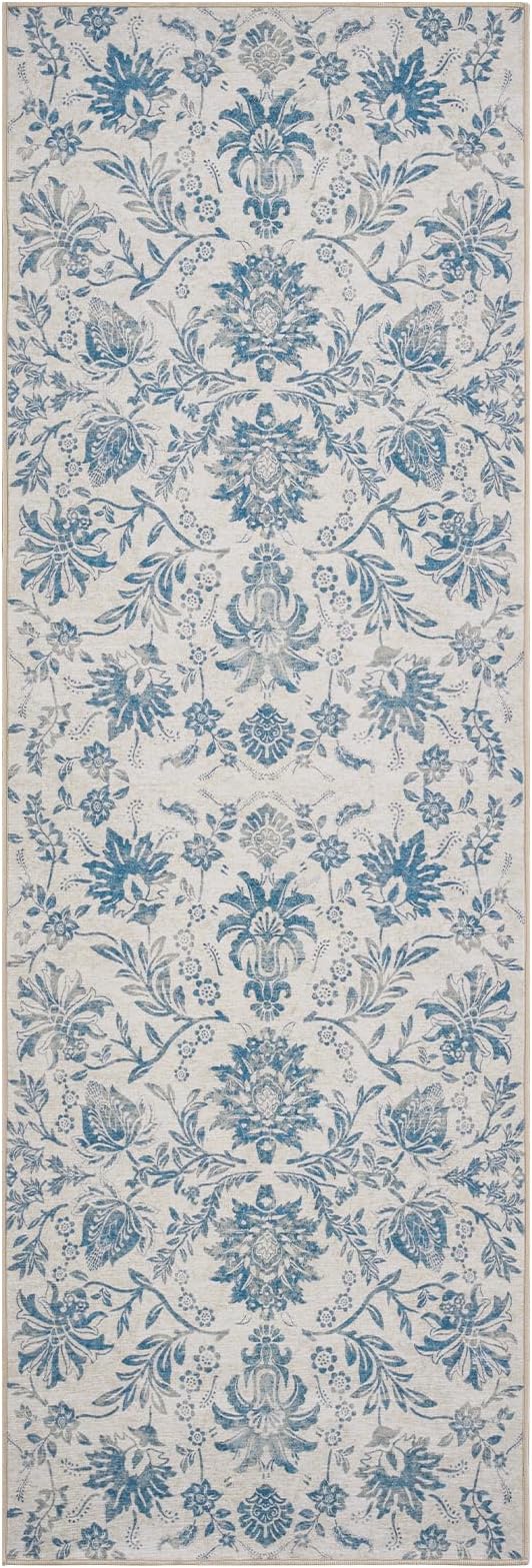 jinchan Torino Runner Rugs 2x6, Vintage-Inspired Floral Design Machine Washable Non-Slip Ultra-Thin Low-Pile Rubber Backing Runner Rug for Kitchen Hallway Laundry Room Entryway Dark Blue