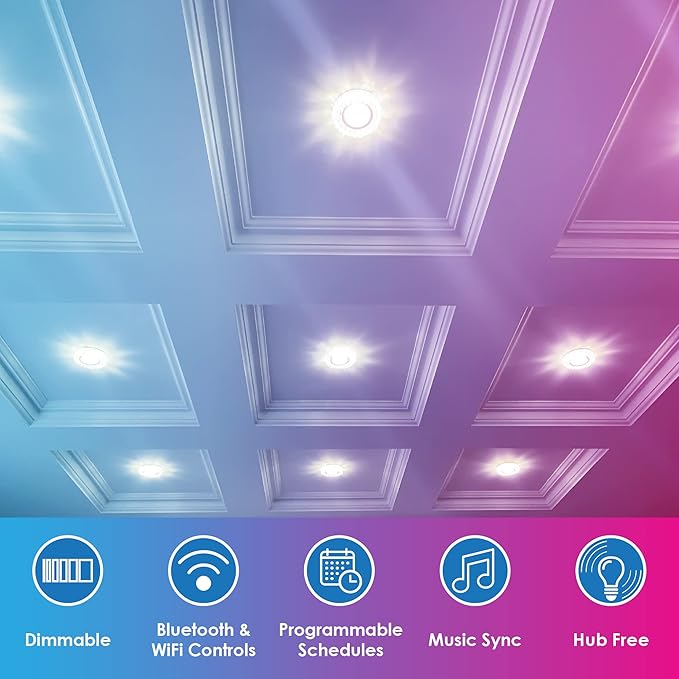 CLEANLIFE 4-Pack Smart LED Recessed Lighting Retrofit Downlight RGB + Tunable White Color Changing Bluetooth + WiFi Dimmable LED Can Lights Fits 5 and 6 inch - 12W, 65W Equivalent, App Enabled