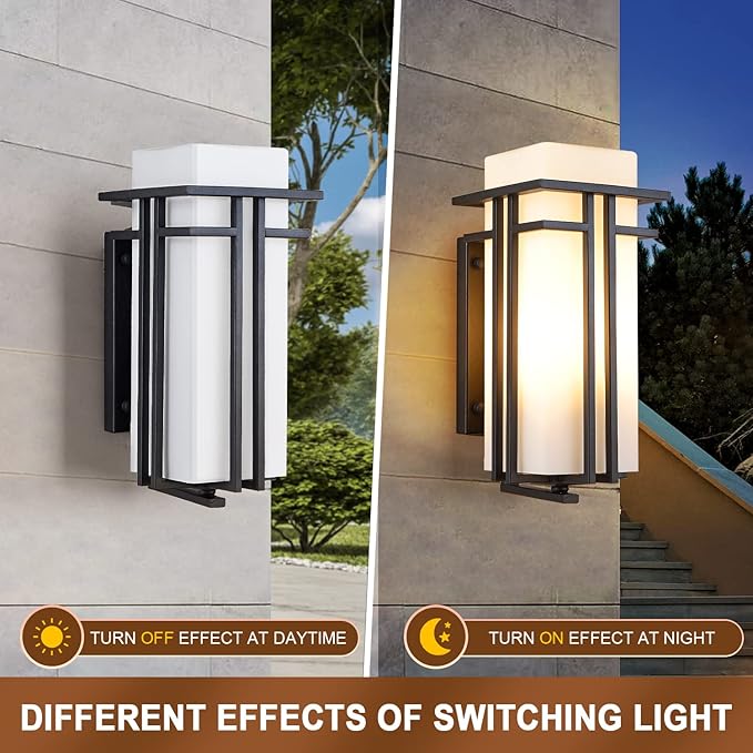 EERU Outdoor Porch Light Wall Mounted Waterproof Wall Lantern Exterior Light Fixture for Entryways Yards Garage Front Porch, Square Metal Frame with Frosted Glass, Black