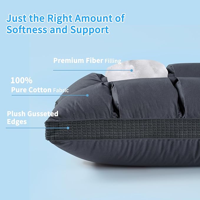 YOUR MOON Soft Pillow Queen for Sleeping, Super Soft Support Down Alternative Pillow, 100% Cotton Shell Luxury Comfy Fluffy Bed Pillows for Sleep(Gray)