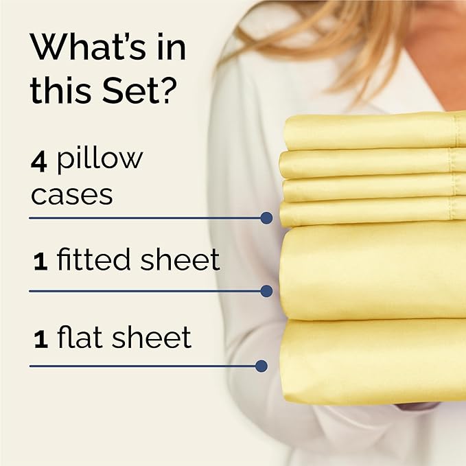 King 6 Piece Sheet Set - Cooling, Comfy & Breathable - Hotel Luxury Bedding, Includes Fitted Sheet for Women, Men, Kids and Teens - 1 Flat, 1 Fitted Sheet, 4 Pillowcases with Deep Pockets - Yellow