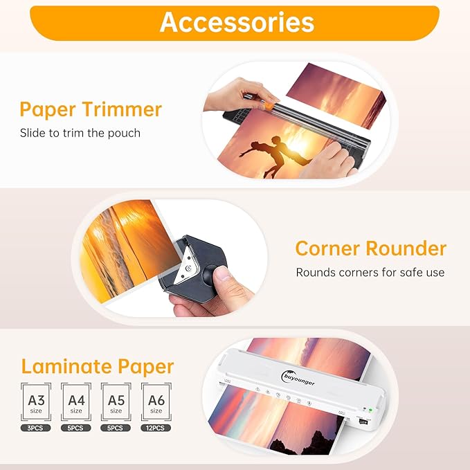 Buyounger Laminator Machine, A3 Laminator Machine with 30 Laminating Sheets, 13 Inch Laminating Machine with Fast Warm-up for A3/A4/A5/A6, Thermal and Cold 11X17 for Home School Office