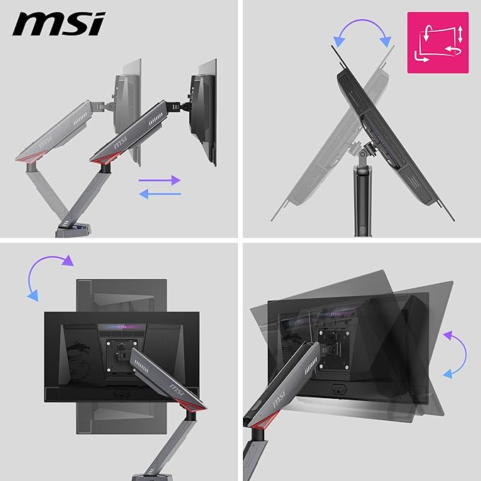 MSI MPG MT161DR - Premium RGB Dual Monitor Stand Arms, 17-38" Support, VESA Compatible, Adjustable Spring Assisted Mount, 35.2 lbs per Screen Capacity, Clamp & Grommet, Quick Release Plate - Black