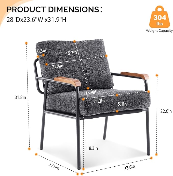 VINGLI Mid-Century Modern Accent Armchiar for Small Space, Small Comfy Upholstered Leisure Reading Chair with Wood Armrest for Bedroom, Living Room, Waiting Room, Linen Grey